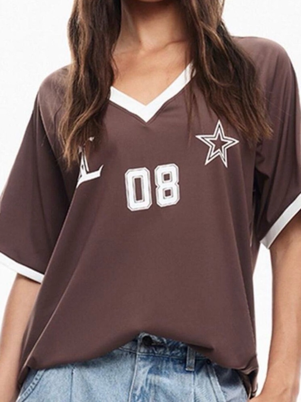Lioness Brown V-Neck Short Sleeve Tee with Star & '08' Graphic